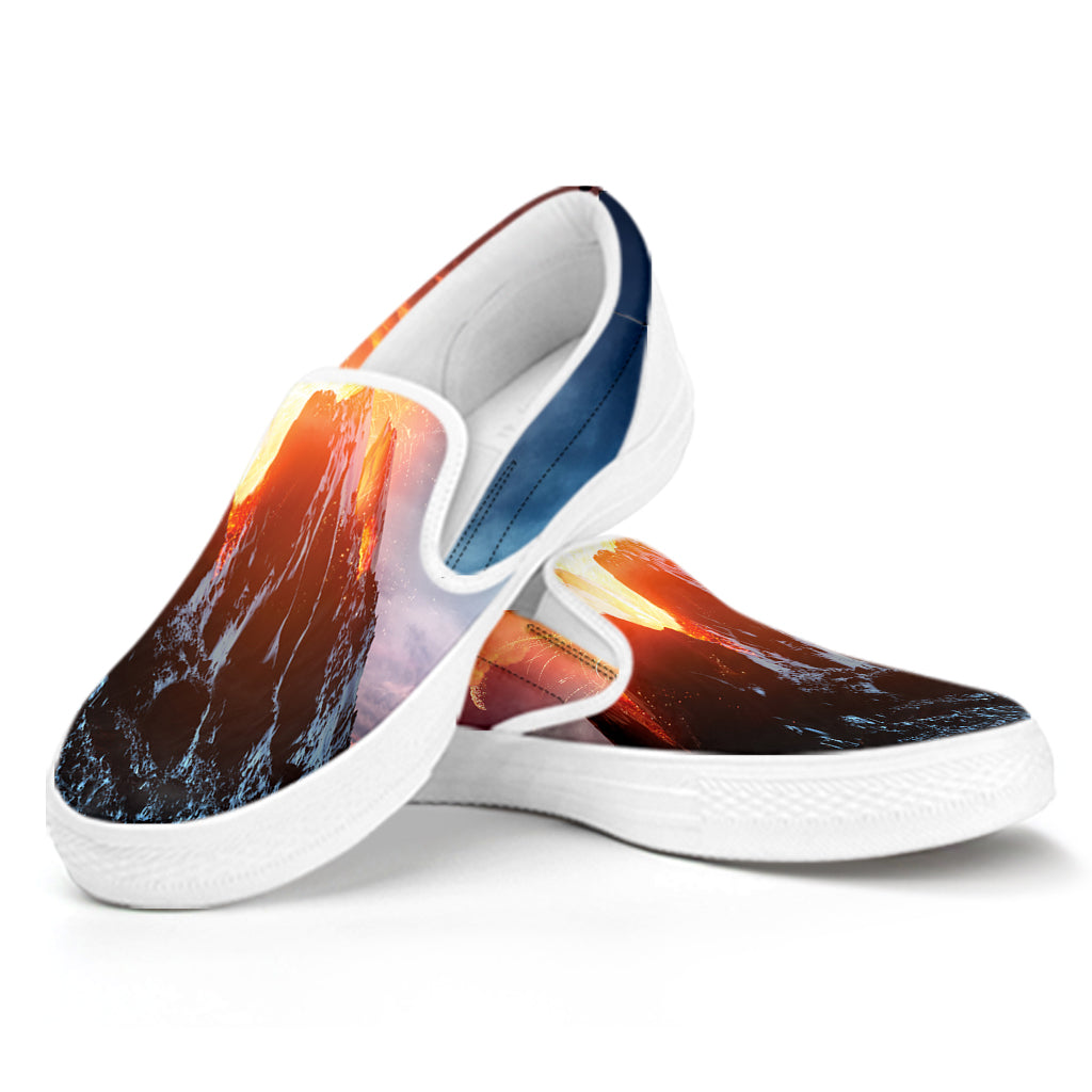 Erupting Volcano Print White Slip On Shoes