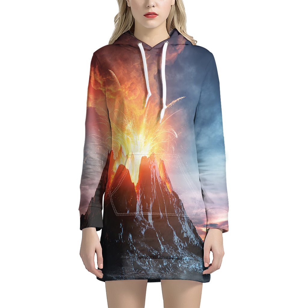 Erupting Volcano Print Women's Pullover Hoodie Dress