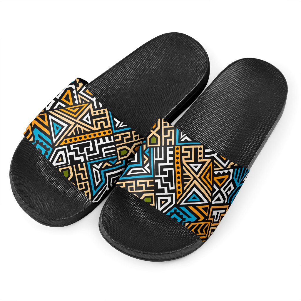 Ethnic Aztec Geometric Pattern Print Black Slide Sandals