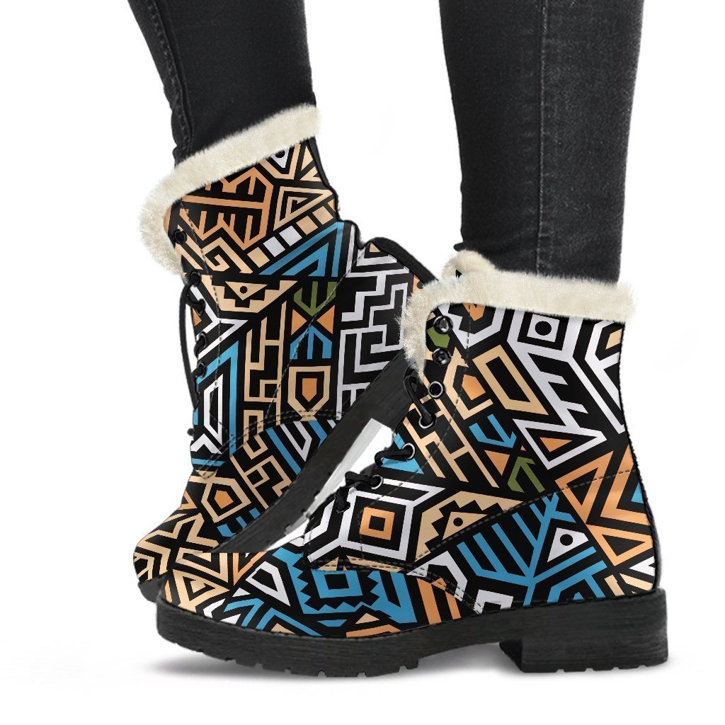 Ethnic Aztec Geometric Pattern Print Faux Fur Leather Boots