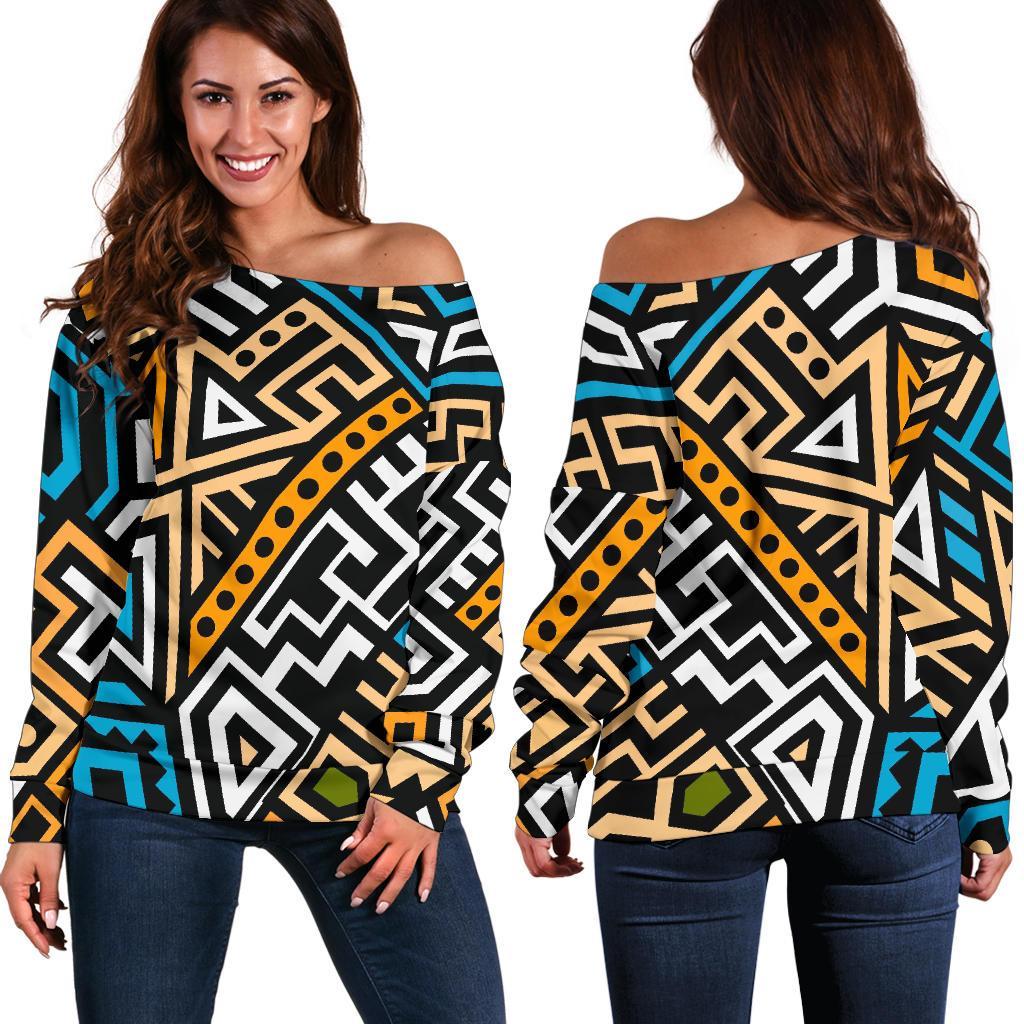 Ethnic Aztec Geometric Pattern Print Women's Off-Shoulder Sweatshirt