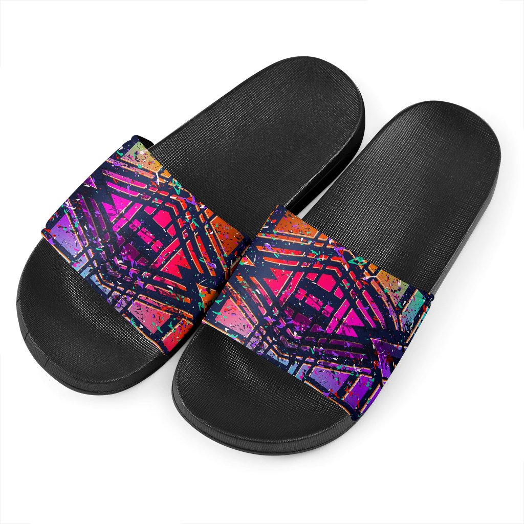 Ethnic Aztec Grunge Trippy Print Black Slide Sandals