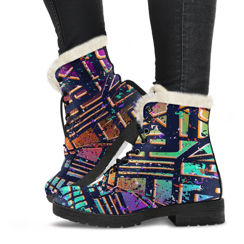 Ethnic Aztec Grunge Trippy Print Faux Fur Leather Boots