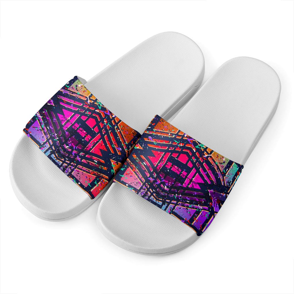 Ethnic Aztec Grunge Trippy Print White Slide Sandals