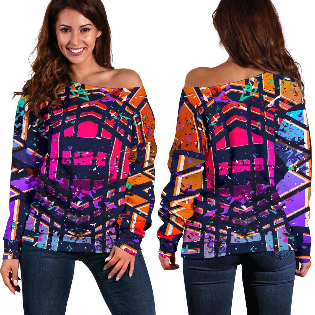 Ethnic Aztec Grunge Trippy Print Women's Off-Shoulder Sweatshirt