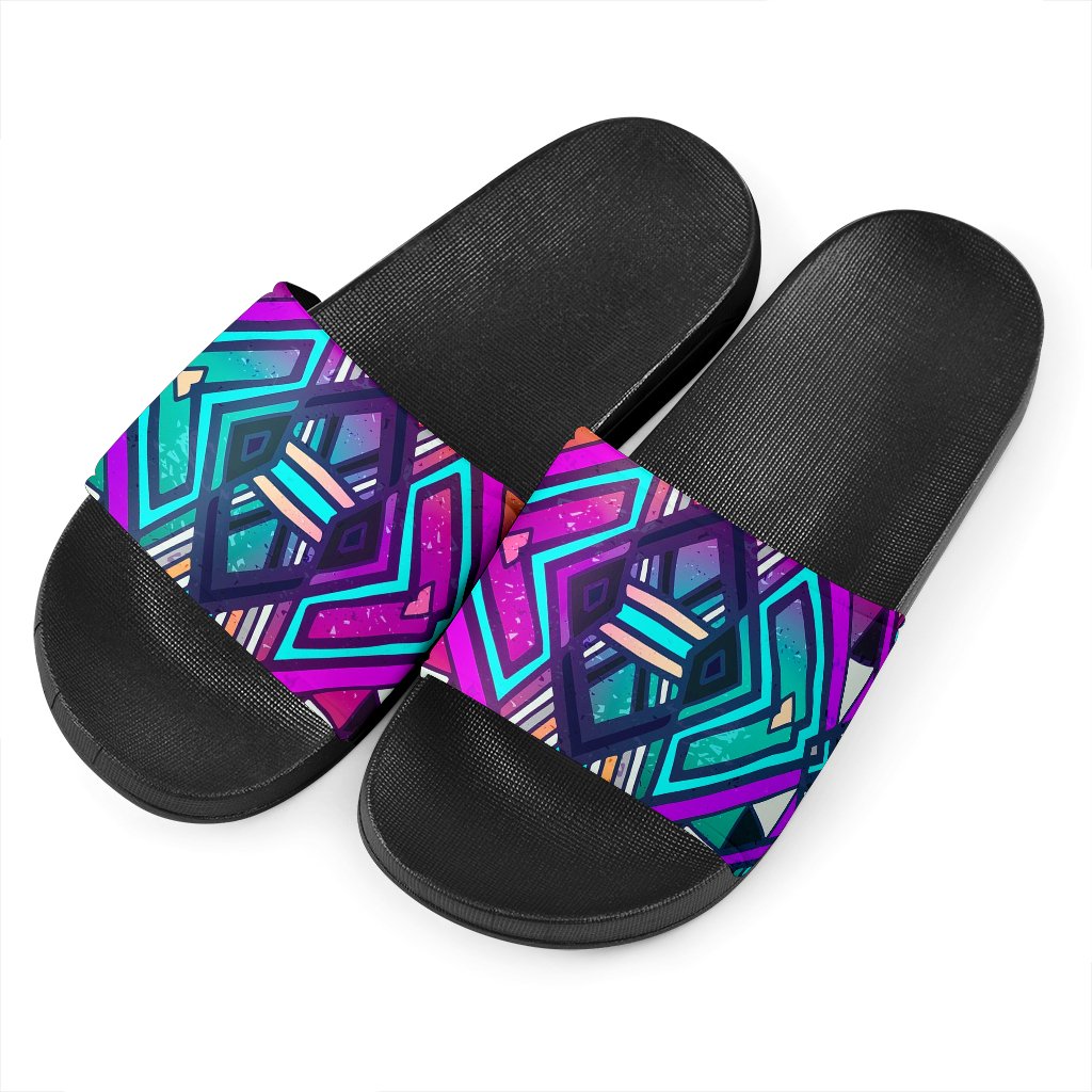 Ethnic Aztec Trippy Print Black Slide Sandals