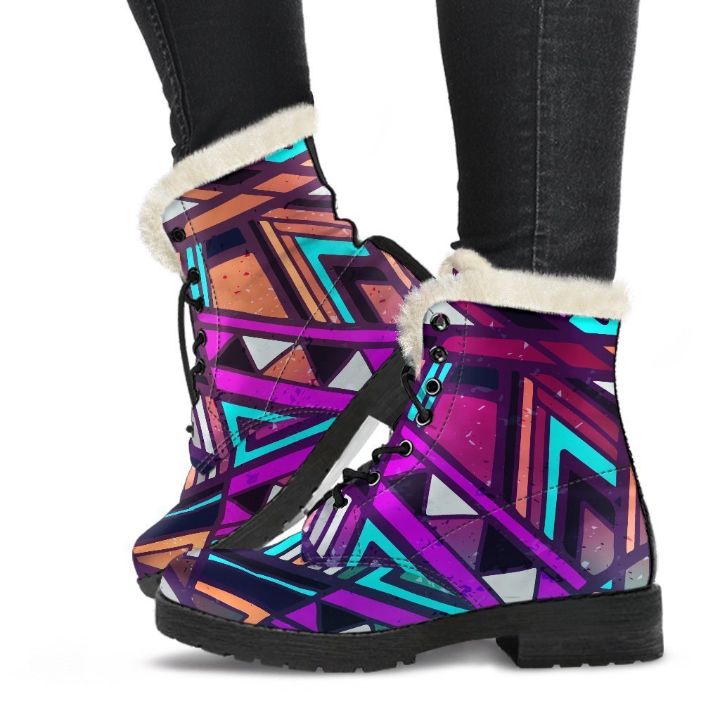 Ethnic Aztec Trippy Print Faux Fur Leather Boots