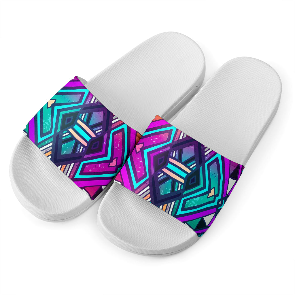 Ethnic Aztec Trippy Print White Slide Sandals