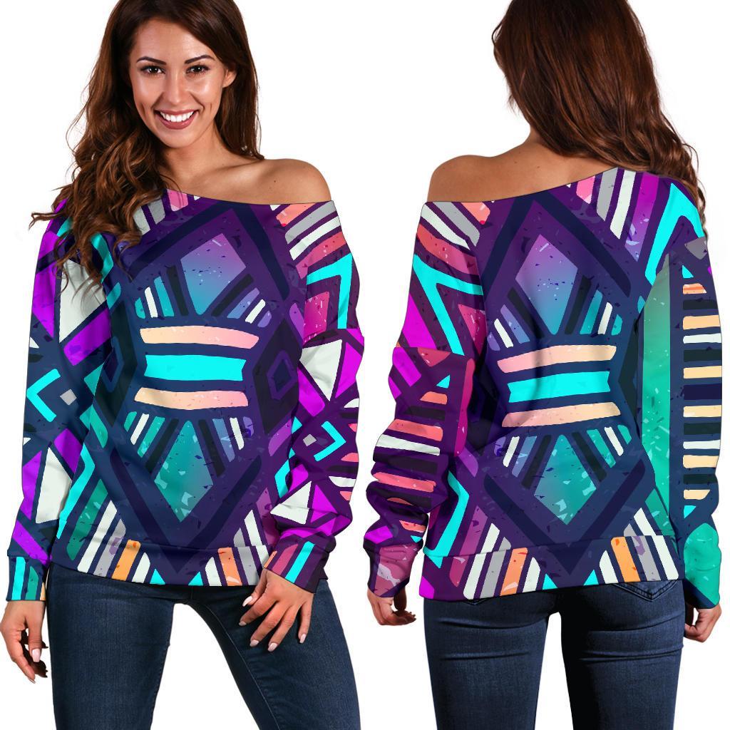 Ethnic Aztec Trippy Print Women's Off-Shoulder Sweatshirt