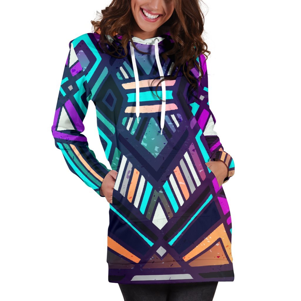 Ethnic Aztec Trippy Print Women's Pullover Hoodie Dress