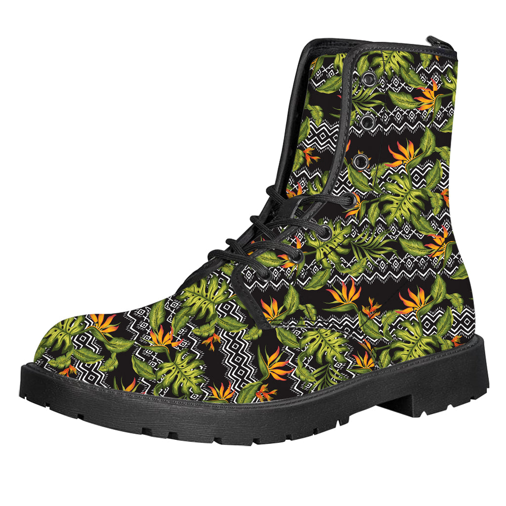 Ethnic Bird Of Paradise Pattern Print Leather Boots