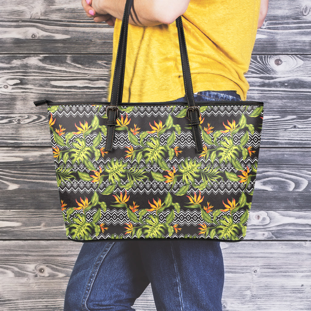 Ethnic Bird Of Paradise Pattern Print Leather Tote Bag