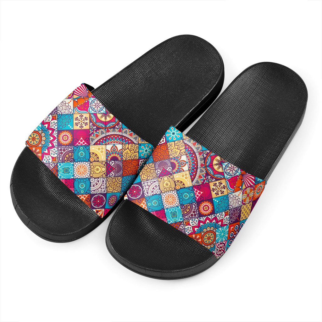 Ethnic Bohemian Mandala Pattern Print Black Slide Sandals