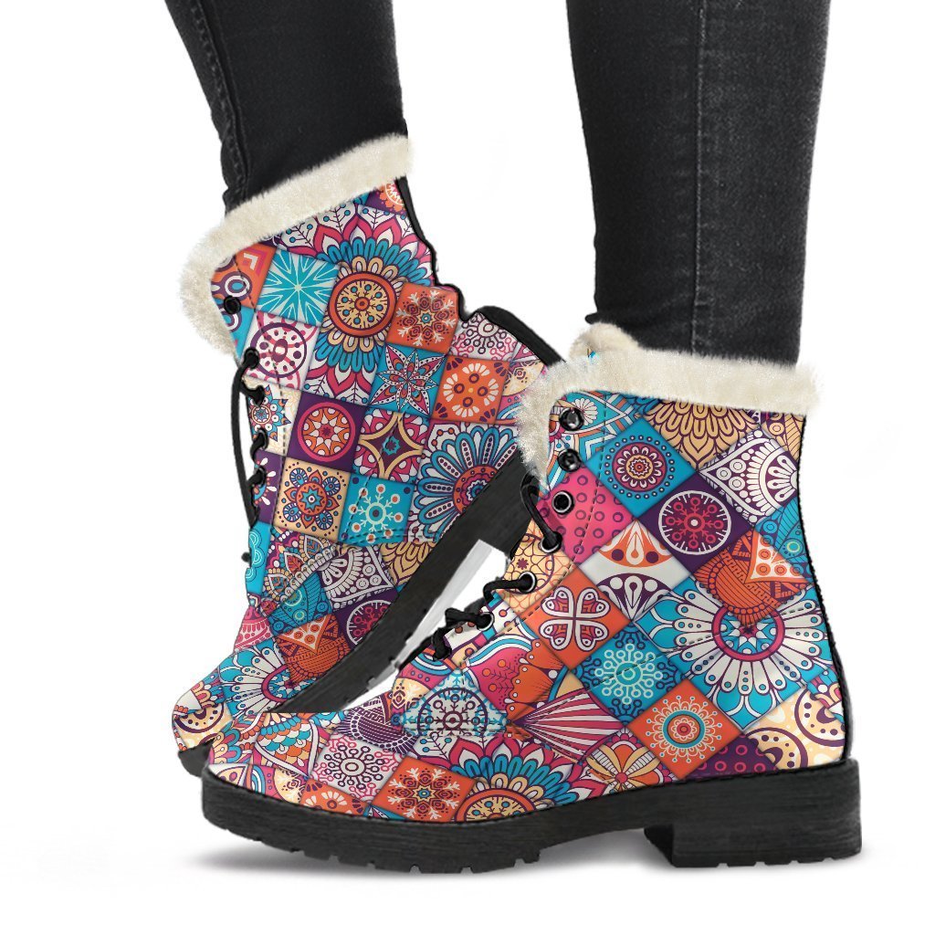 Ethnic Bohemian Mandala Pattern Print Faux Fur Leather Boots