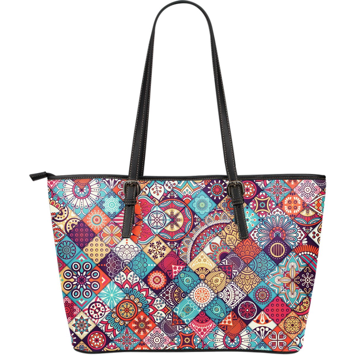 Ethnic Bohemian Mandala Pattern Print Leather Tote Bag