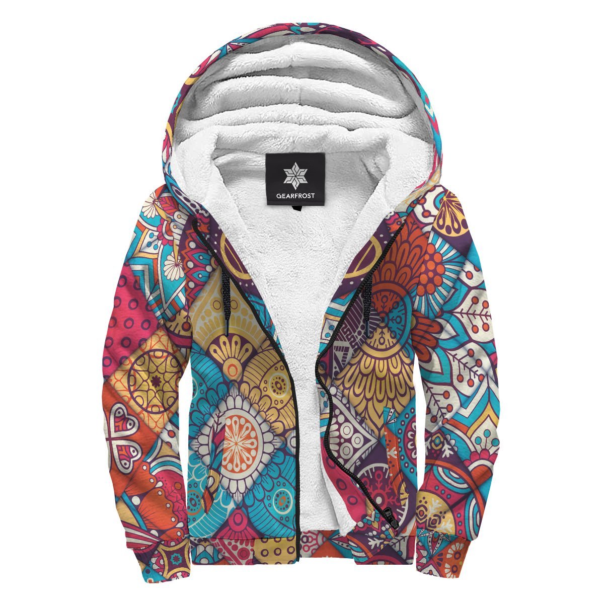 Ethnic Bohemian Mandala Pattern Print Sherpa Lined Fleece Hoodie