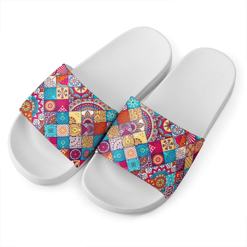 Ethnic Bohemian Mandala Pattern Print White Slide Sandals