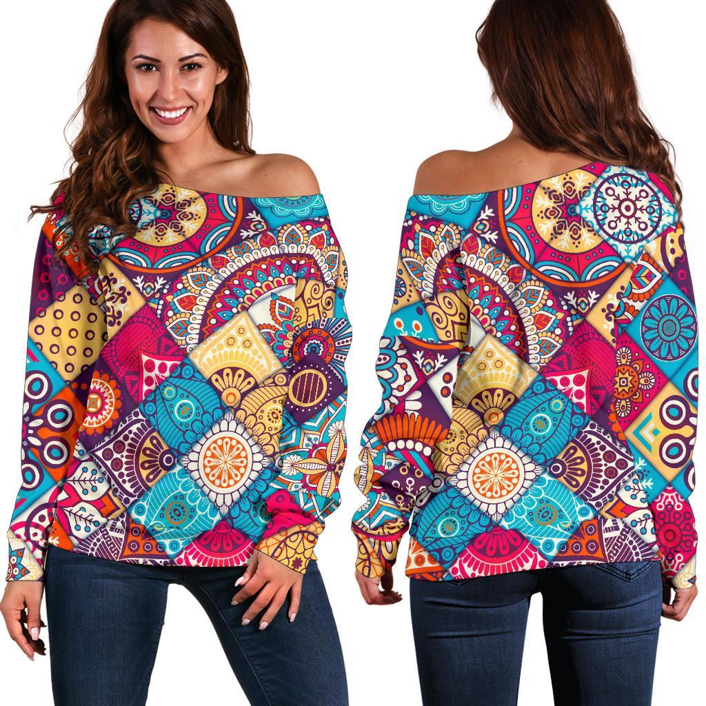 Ethnic Bohemian Mandala Pattern Print Women's Off-Shoulder Sweatshirt