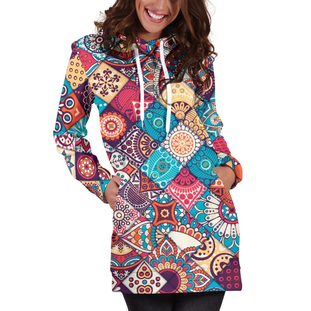 Ethnic Bohemian Mandala Pattern Print Women's Pullover Hoodie Dress