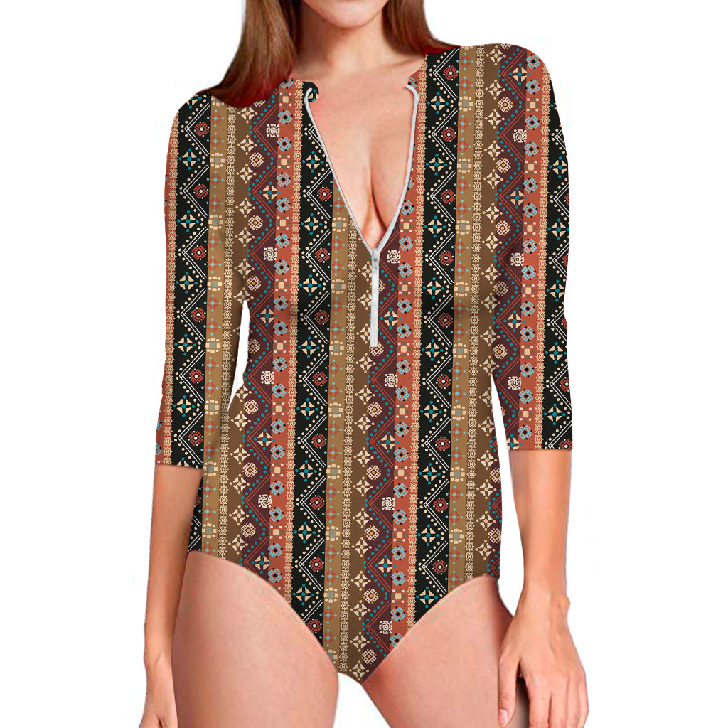 Ethnic Boho Tribal Pattern Print Long Sleeve One Piece Swimsuit