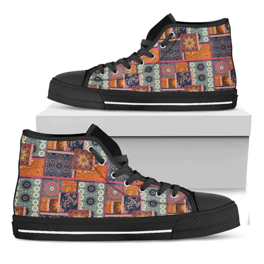 Ethnic Floral Patchwork Pattern Print Black High Top Shoes