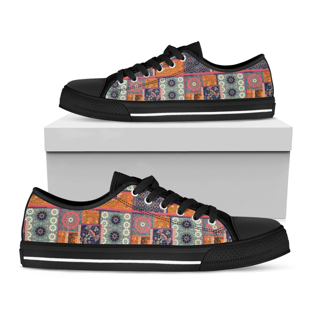 Ethnic Floral Patchwork Pattern Print Black Low Top Shoes