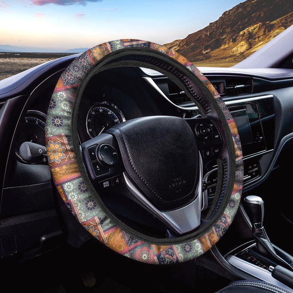 Ethnic Floral Patchwork Pattern Print Car Steering Wheel Cover