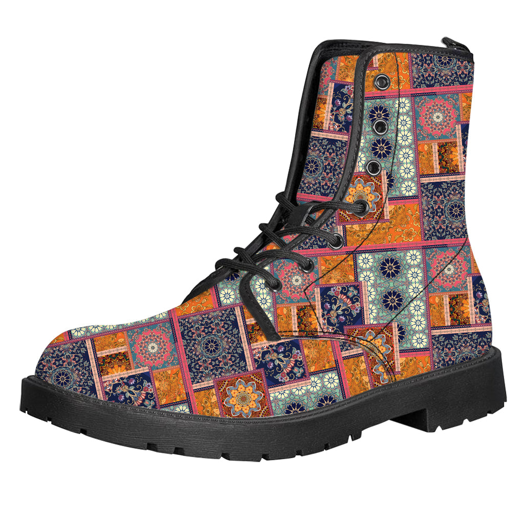 Ethnic Floral Patchwork Pattern Print Leather Boots