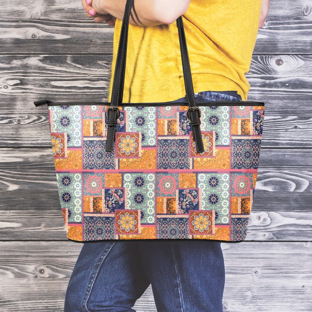 Ethnic Floral Patchwork Pattern Print Leather Tote Bag