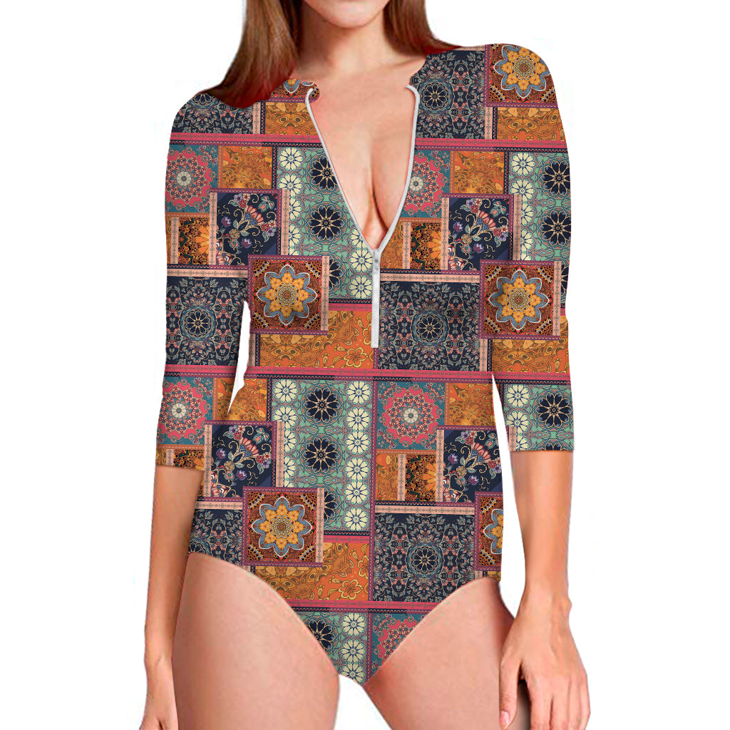 Ethnic Floral Patchwork Pattern Print Long Sleeve One Piece Swimsuit