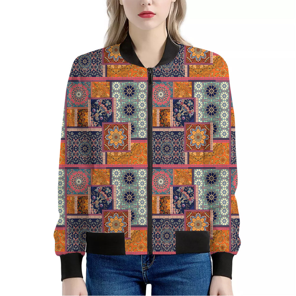 Ethnic Floral Patchwork Pattern Print Women's Bomber Jacket