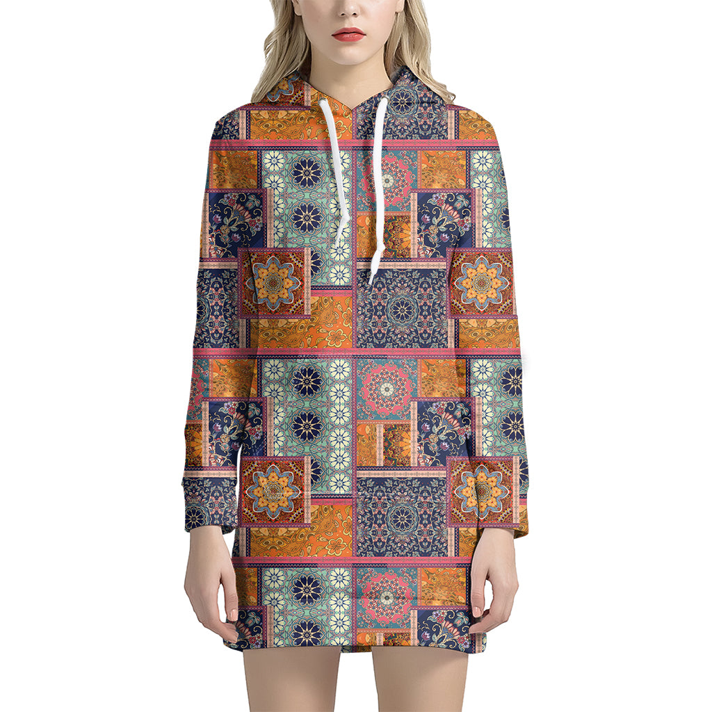 Ethnic Floral Patchwork Pattern Print Women's Pullover Hoodie Dress