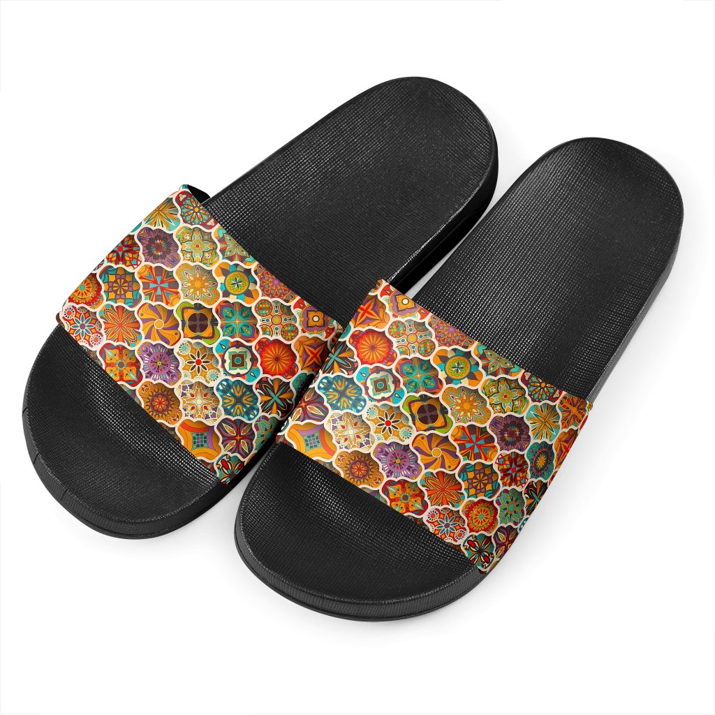 Ethnic Mandala Bohemian Pattern Print Black Slide Sandals