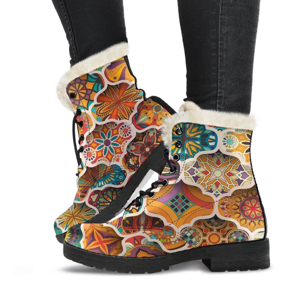 Ethnic Mandala Bohemian Pattern Print Faux Fur Leather Boots