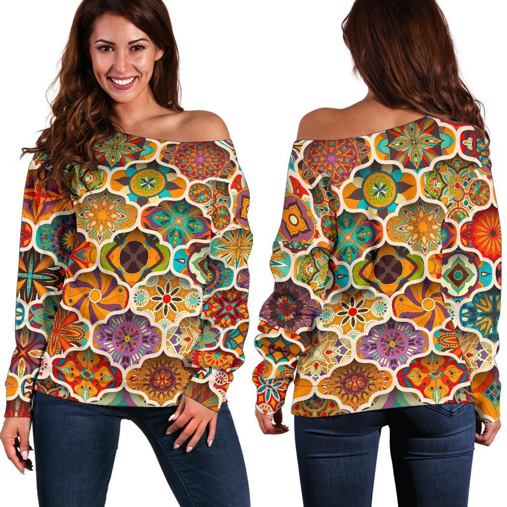 Ethnic Mandala Bohemian Pattern Print Women's Off-Shoulder Sweatshirt