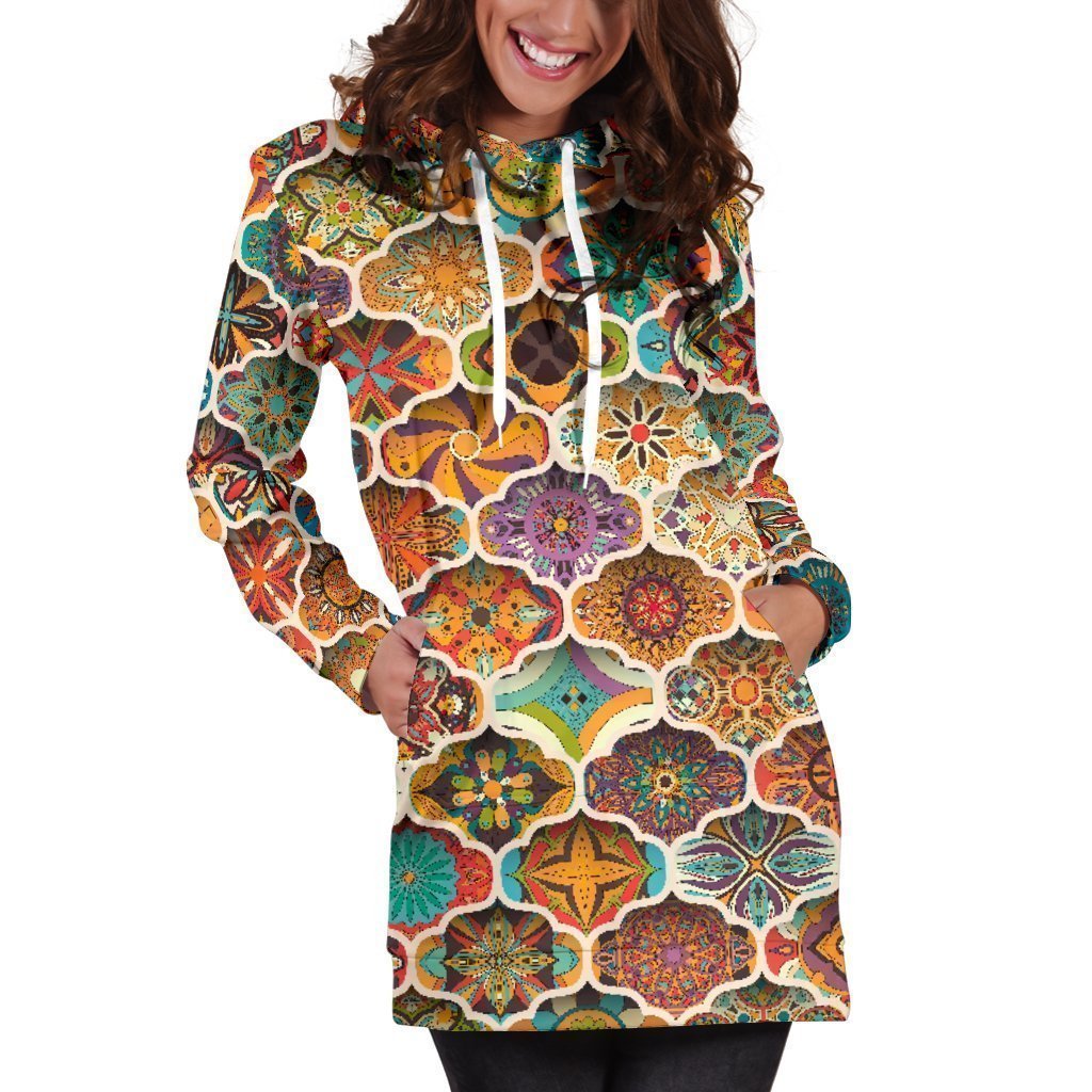 Ethnic Mandala Bohemian Pattern Print Women's Pullover Hoodie Dress