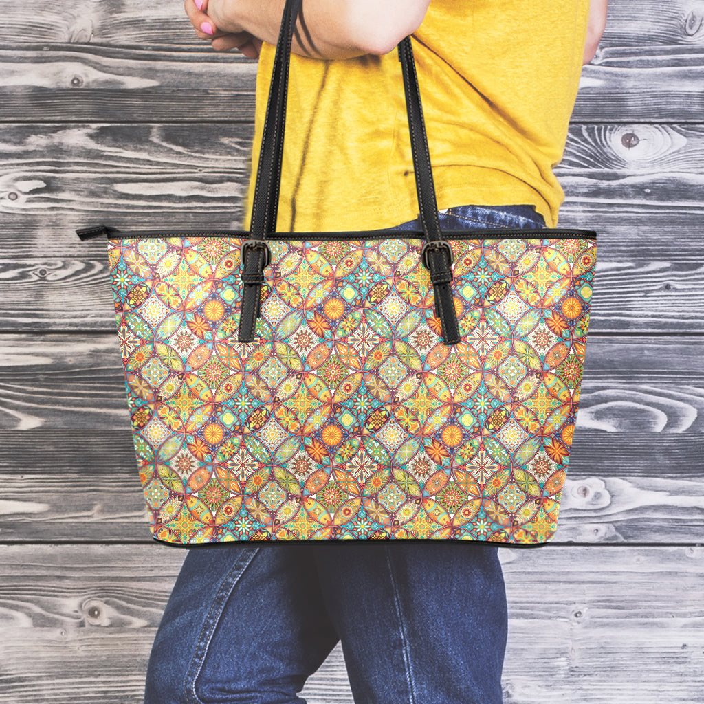 Ethnic Mandala Patchwork Pattern Print Leather Tote Bag