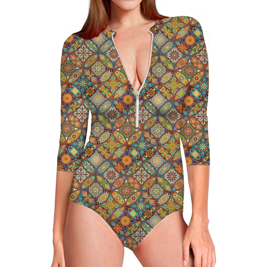 Ethnic Mandala Patchwork Pattern Print Long Sleeve One Piece Swimsuit