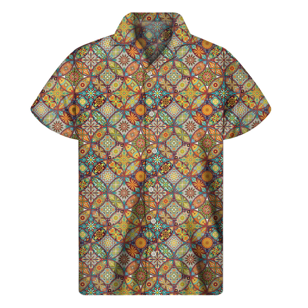 Ethnic Mandala Patchwork Pattern Print Men's Short Sleeve Shirt