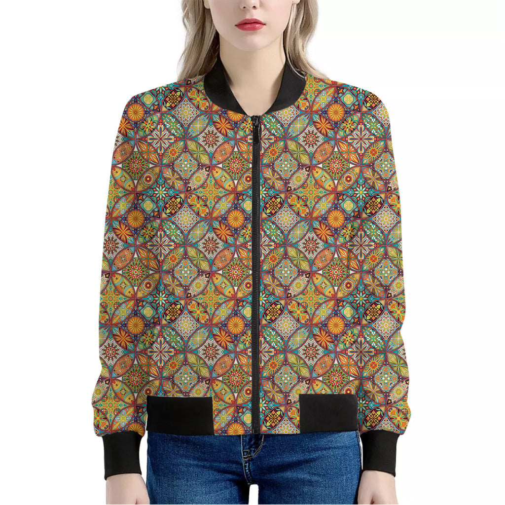 Ethnic Mandala Patchwork Pattern Print Women's Bomber Jacket