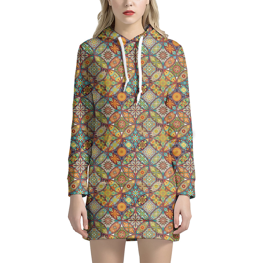 Ethnic Mandala Patchwork Pattern Print Women's Pullover Hoodie Dress