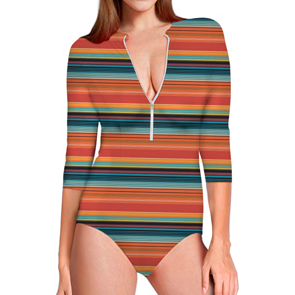 Ethnic Mexican Blanket Pattern Print Long Sleeve One Piece Swimsuit