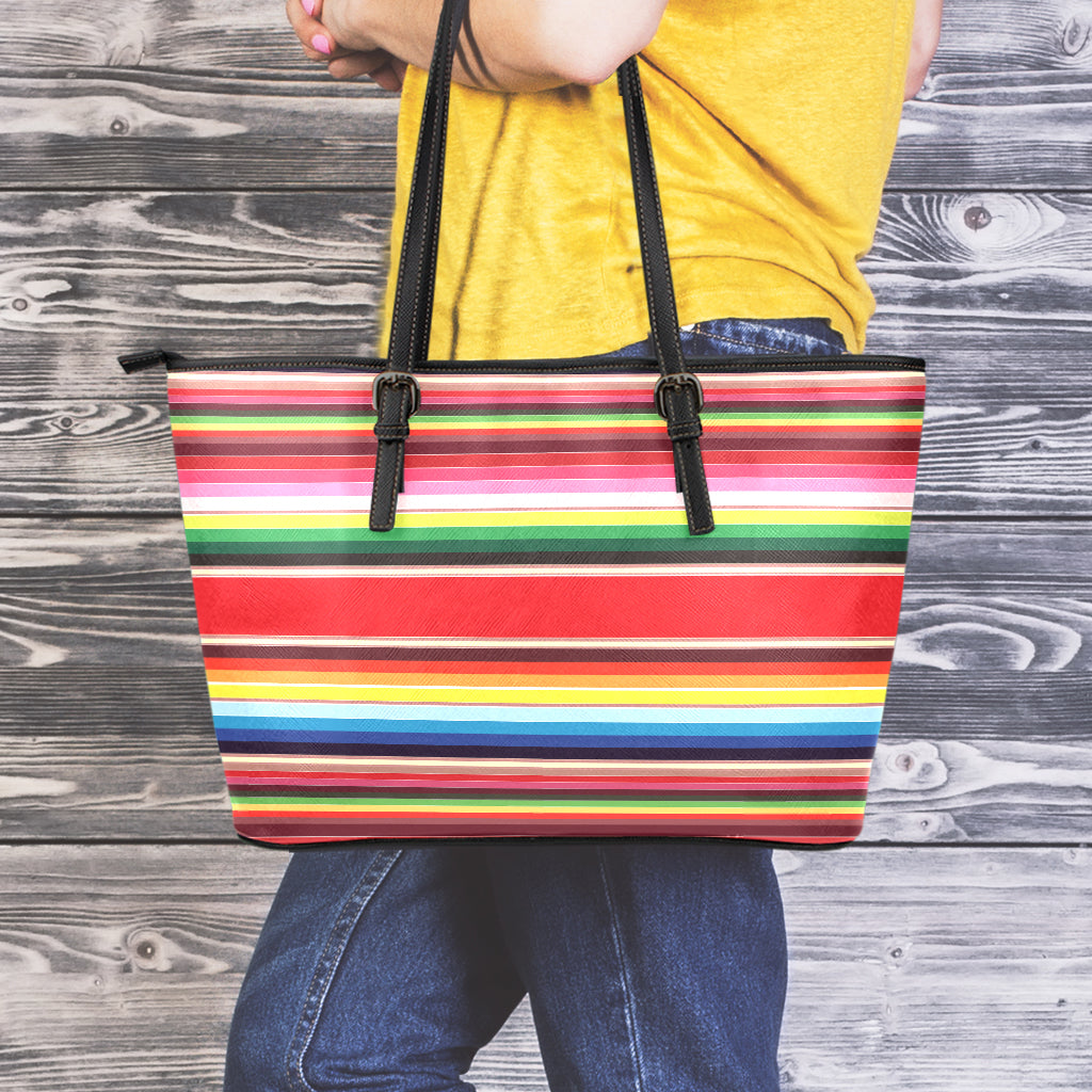 Ethnic Mexican Blanket Stripe Print Leather Tote Bag