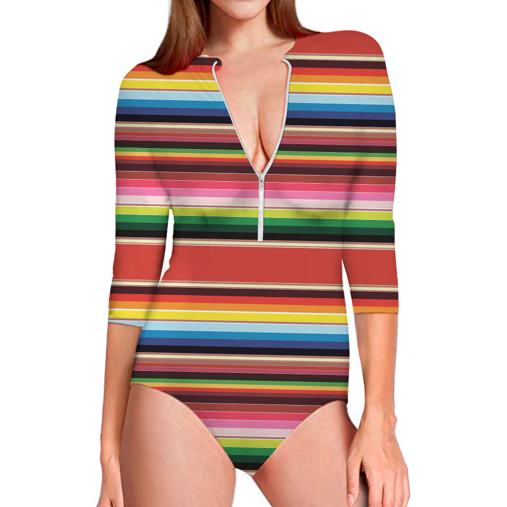 Ethnic Mexican Blanket Stripe Print Long Sleeve One Piece Swimsuit