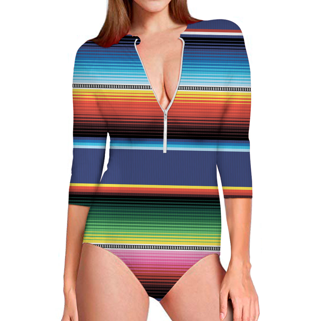 Ethnic Mexican Serape Pattern Print Long Sleeve One Piece Swimsuit