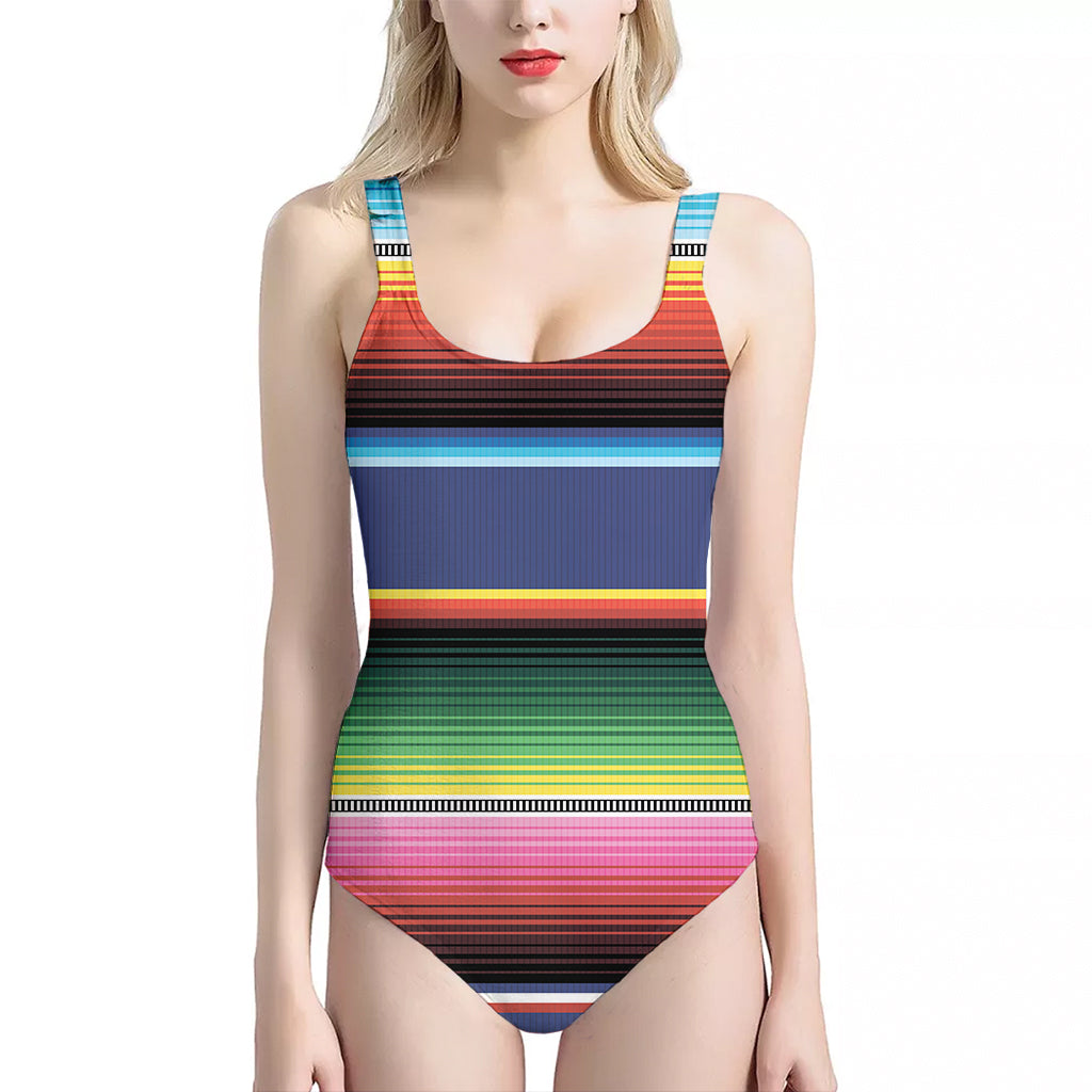 Ethnic Mexican Serape Pattern Print One Piece Halter Neck Swimsuit