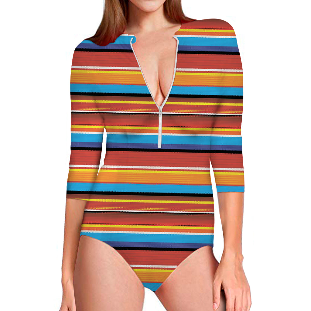 Ethnic Mexican Woven Pattern Print Long Sleeve One Piece Swimsuit