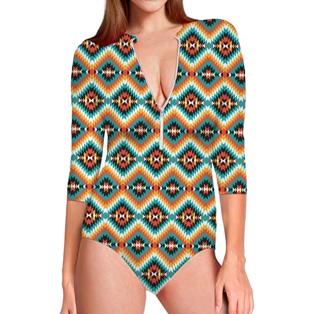 Ethnic Native American Pattern Print Long Sleeve One Piece Swimsuit