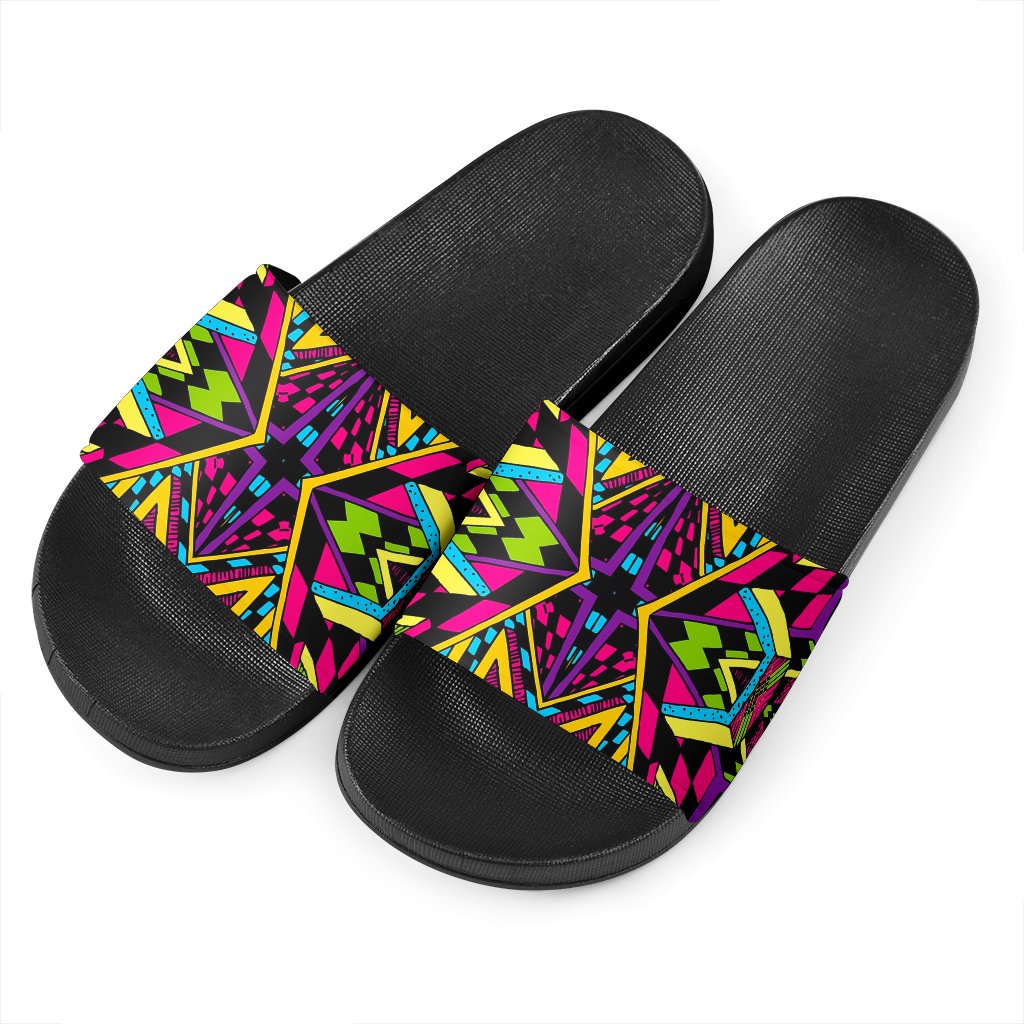 Ethnic Psychedelic Trippy Print Black Slide Sandals