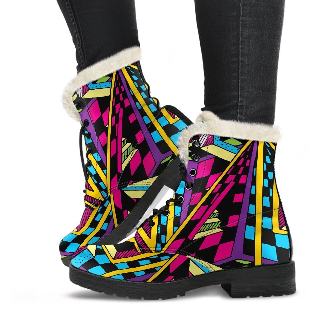 Ethnic Psychedelic Trippy Print Faux Fur Leather Boots